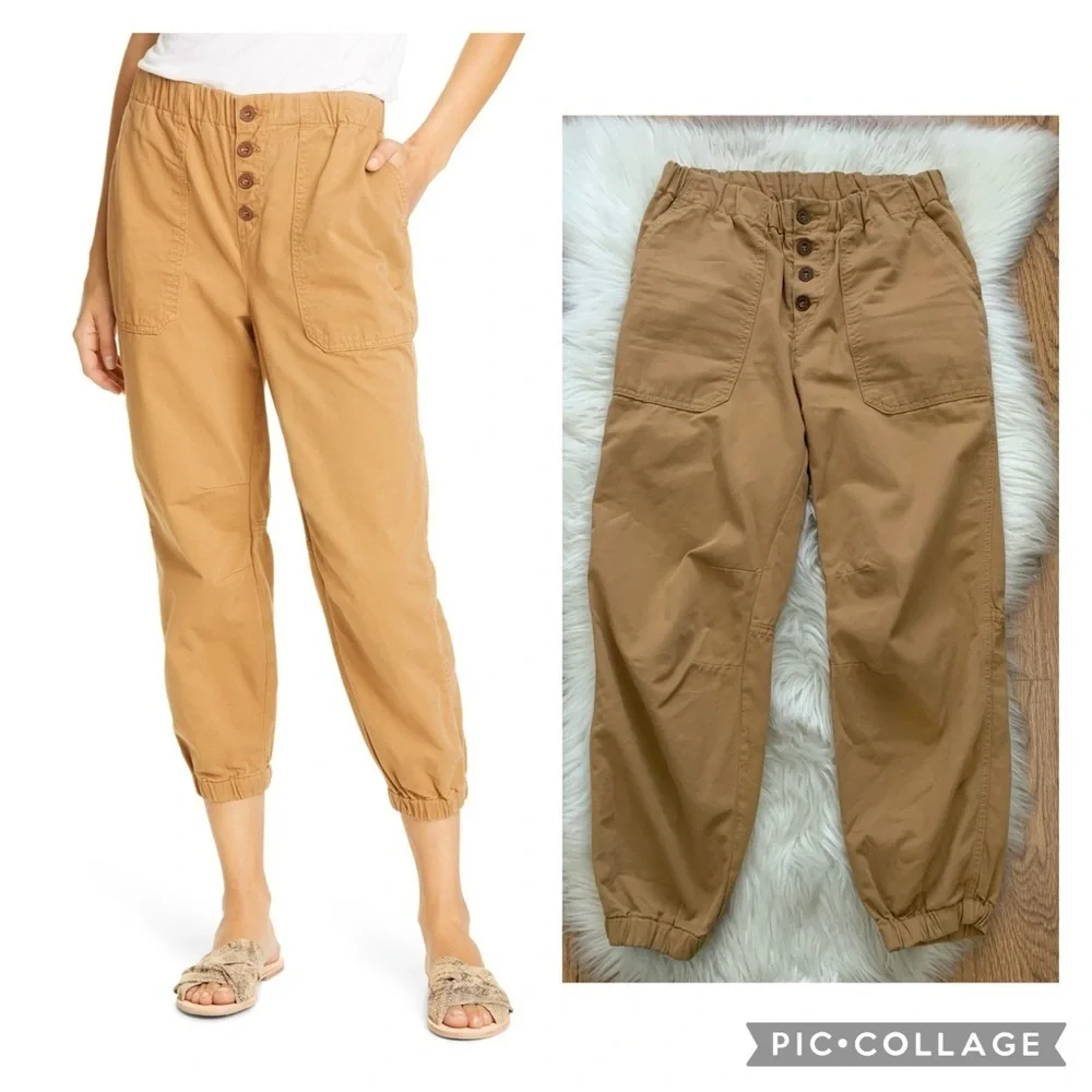 Free People Tan/Brown Crop Elastic Waist Front Buttons Cotton Joggers Si…